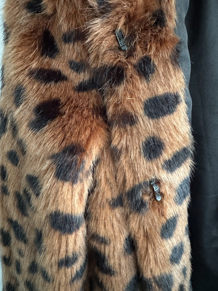 Stand Brown Leopard Collarless Cropped Fur Jacket.