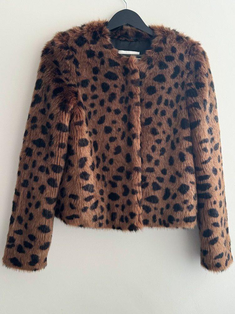 Stand Brown Leopard Collarless Cropped Fur Jacket.