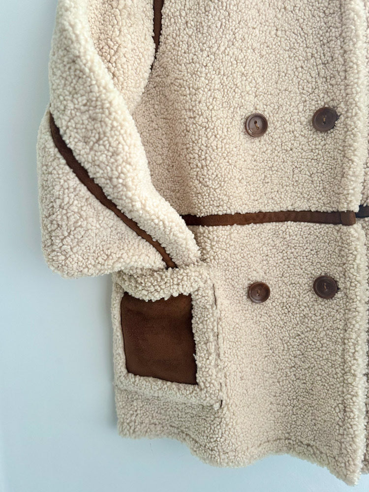 Stand Studio Ecru Faux Sheepskin Tan Suede Trim Coat