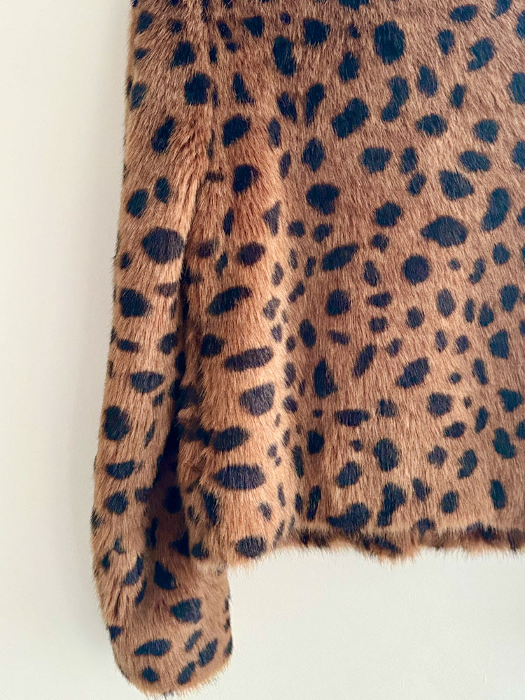 Stand Brown Leopard Collarless Cropped Fur Jacket.