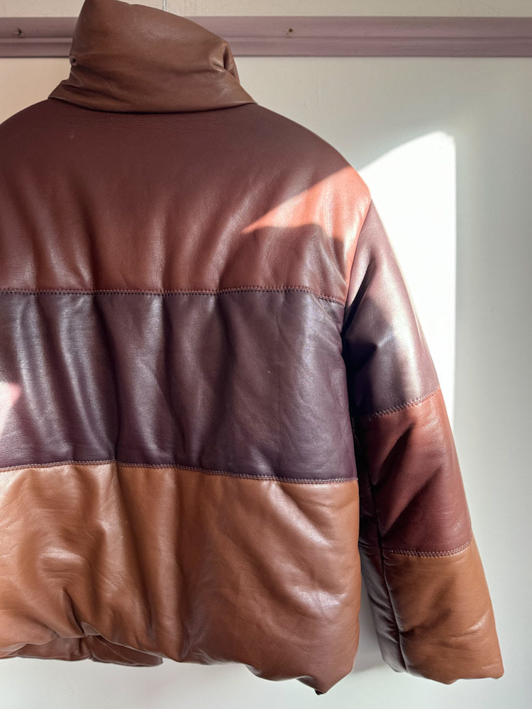 Nanushka Faux Leather Shades of Brown Patchwork Puffer Jacket
