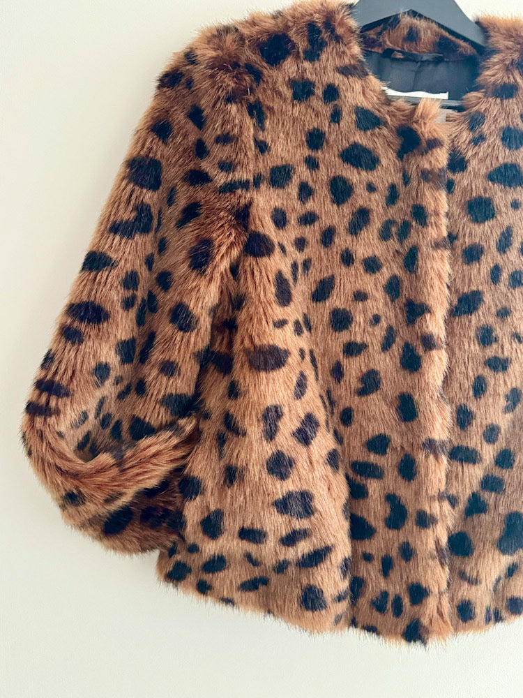 Stand Brown Leopard Collarless Cropped Fur Jacket.
