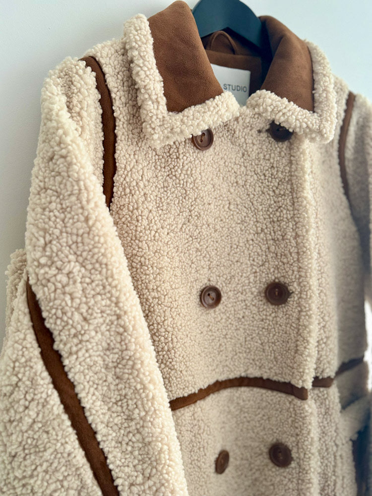 Stand Studio Ecru Faux Sheepskin Tan Suede Trim Coat