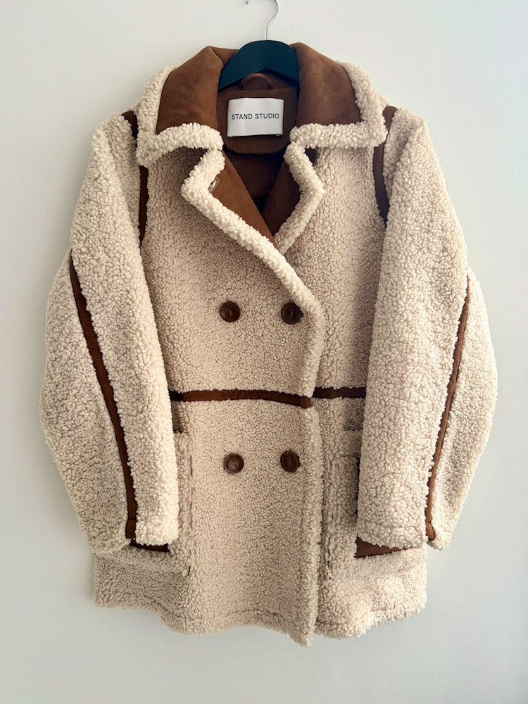 Stand Studio Ecru Faux Sheepskin Tan Suede Trim Coat
