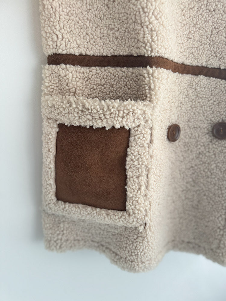 Stand Studio Ecru Faux Sheepskin Tan Suede Trim Coat