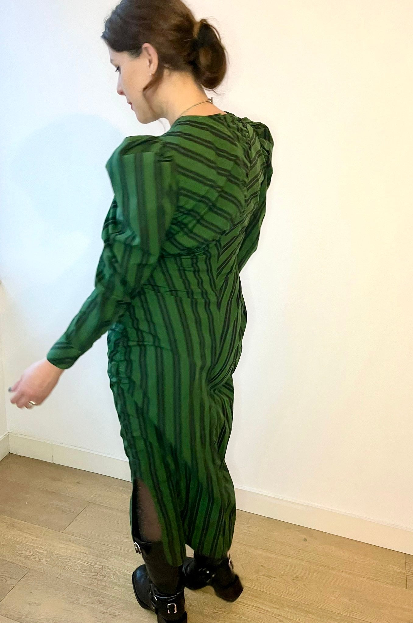 Ganni Green Striped Ruche Midi Dress