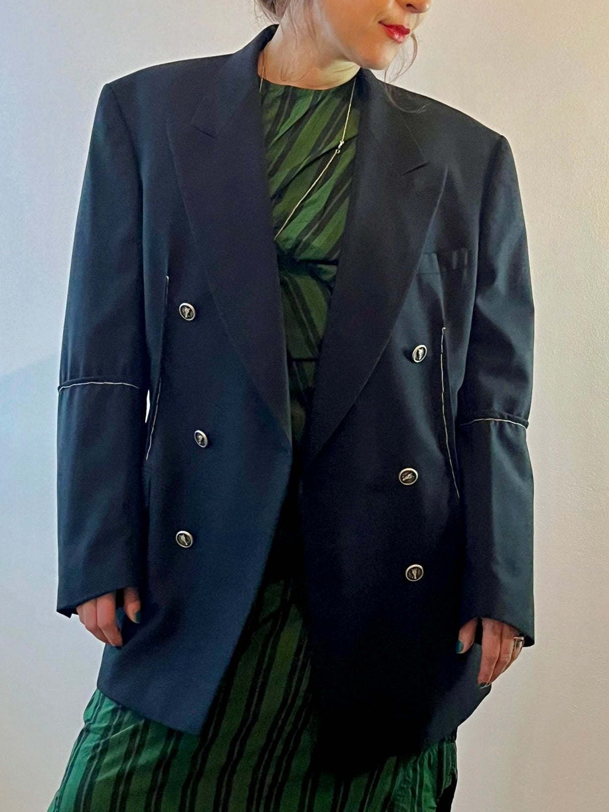 Ganni Green Striped Ruche Midi Dress