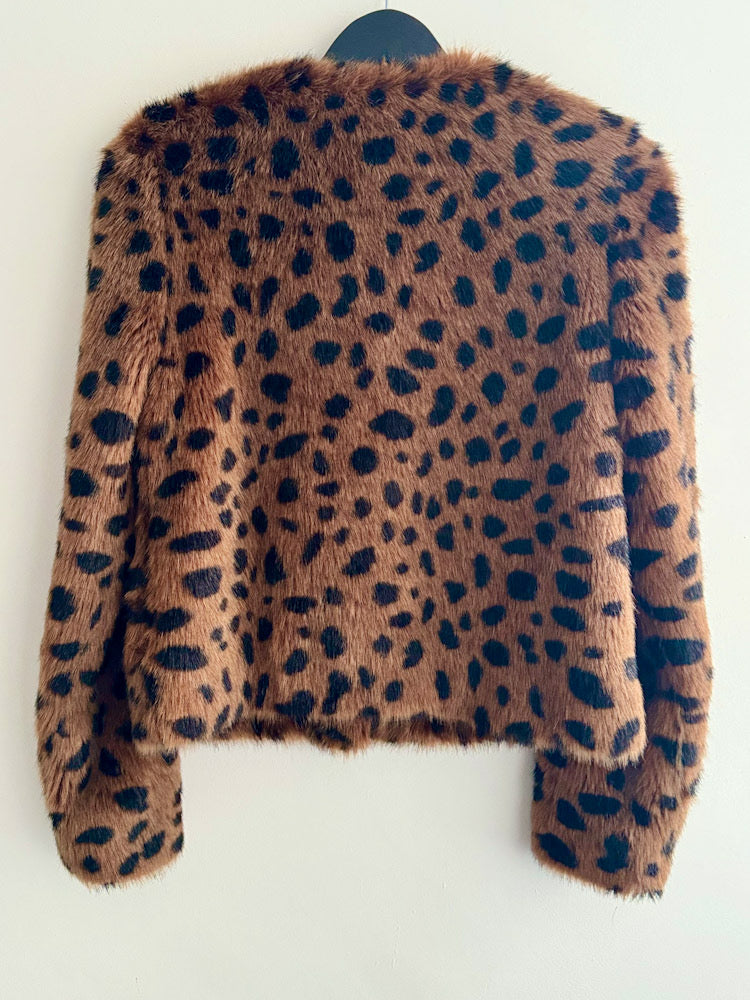 Stand Brown Leopard Collarless Cropped Fur Jacket.