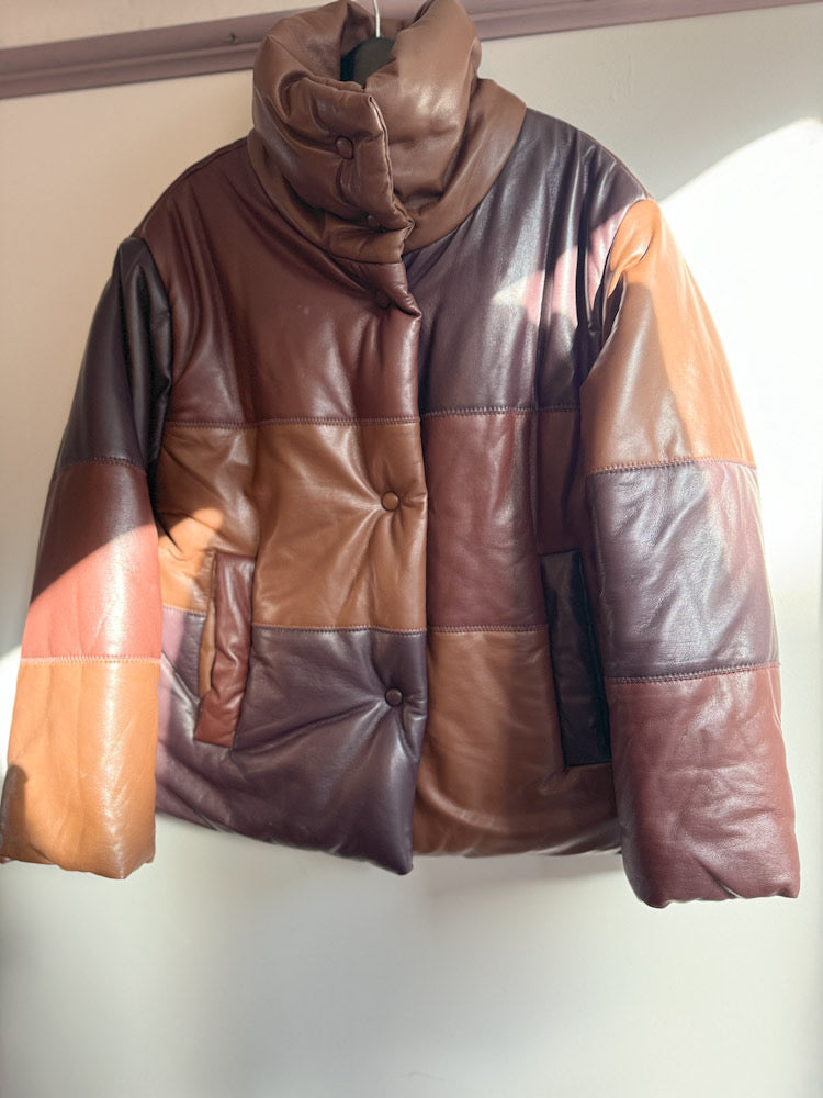 Nanushka Faux Leather Shades of Brown Patchwork Puffer Jacket