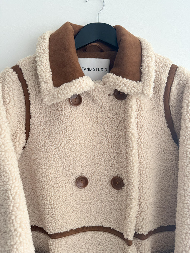 Stand Studio Ecru Faux Sheepskin Tan Suede Trim Coat