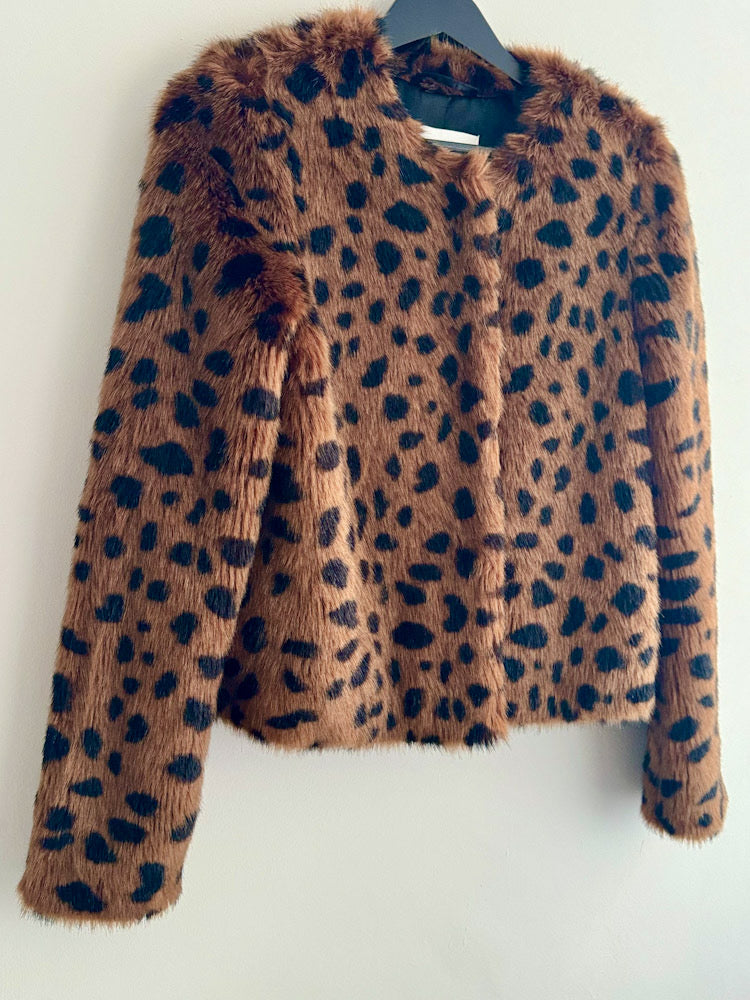 Stand Brown Leopard Collarless Cropped Fur Jacket.