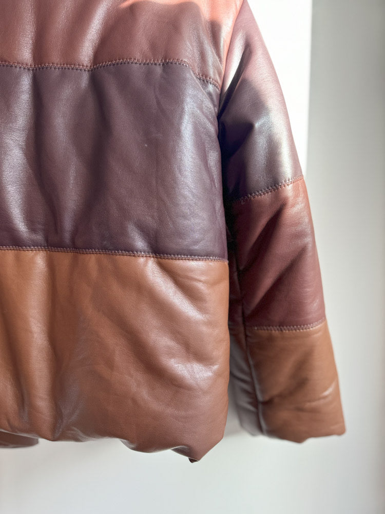 Nanushka Faux Leather Shades of Brown Patchwork Puffer Jacket