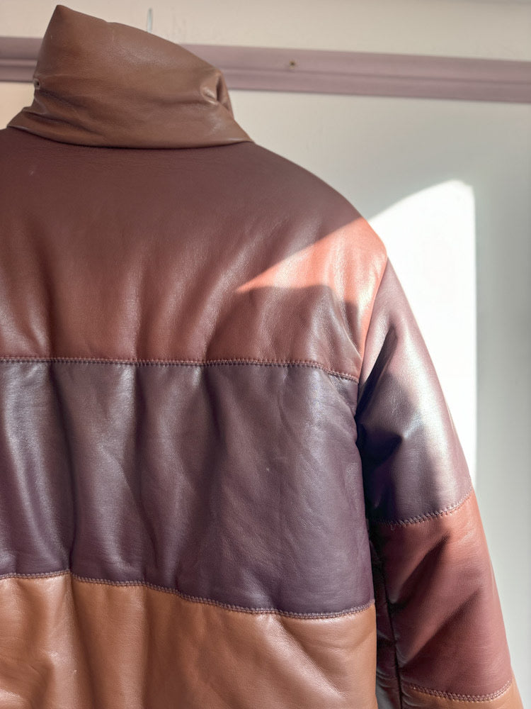 Nanushka Faux Leather Shades of Brown Patchwork Puffer Jacket