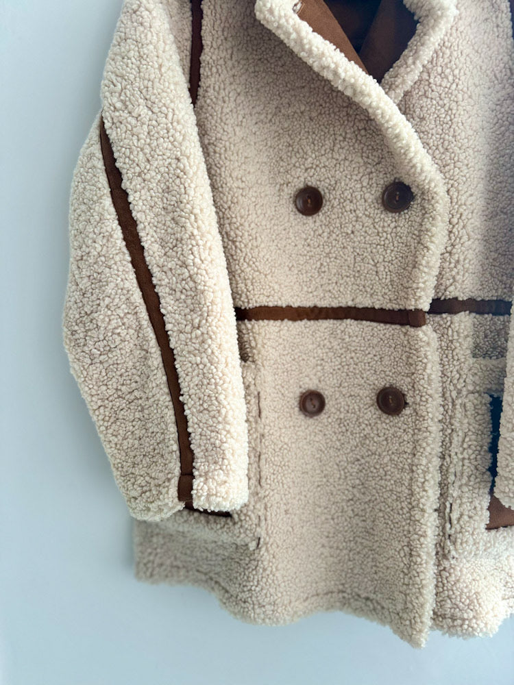 Stand Studio Ecru Faux Sheepskin Tan Suede Trim Coat