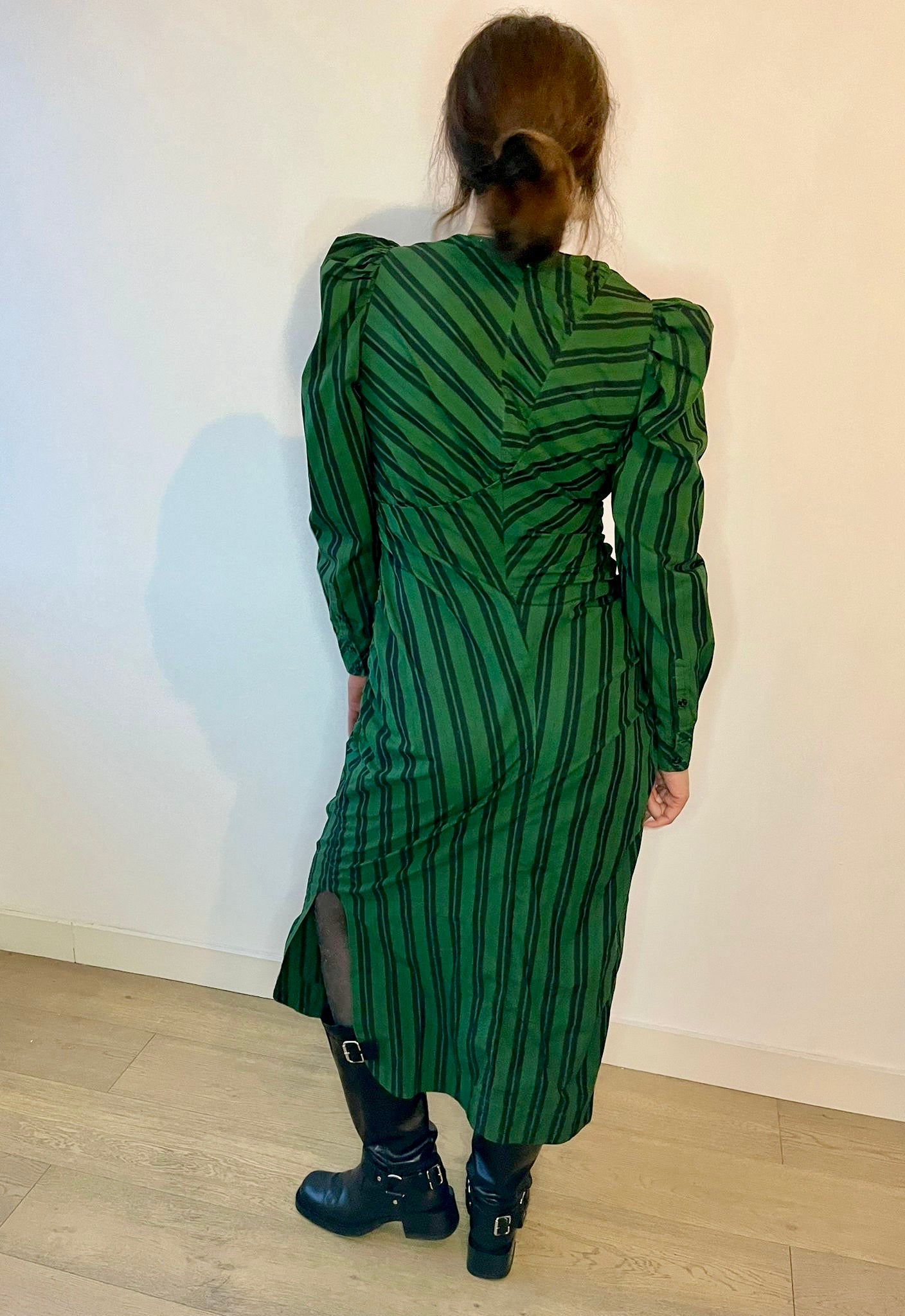 Ganni Green Striped Ruche Midi Dress
