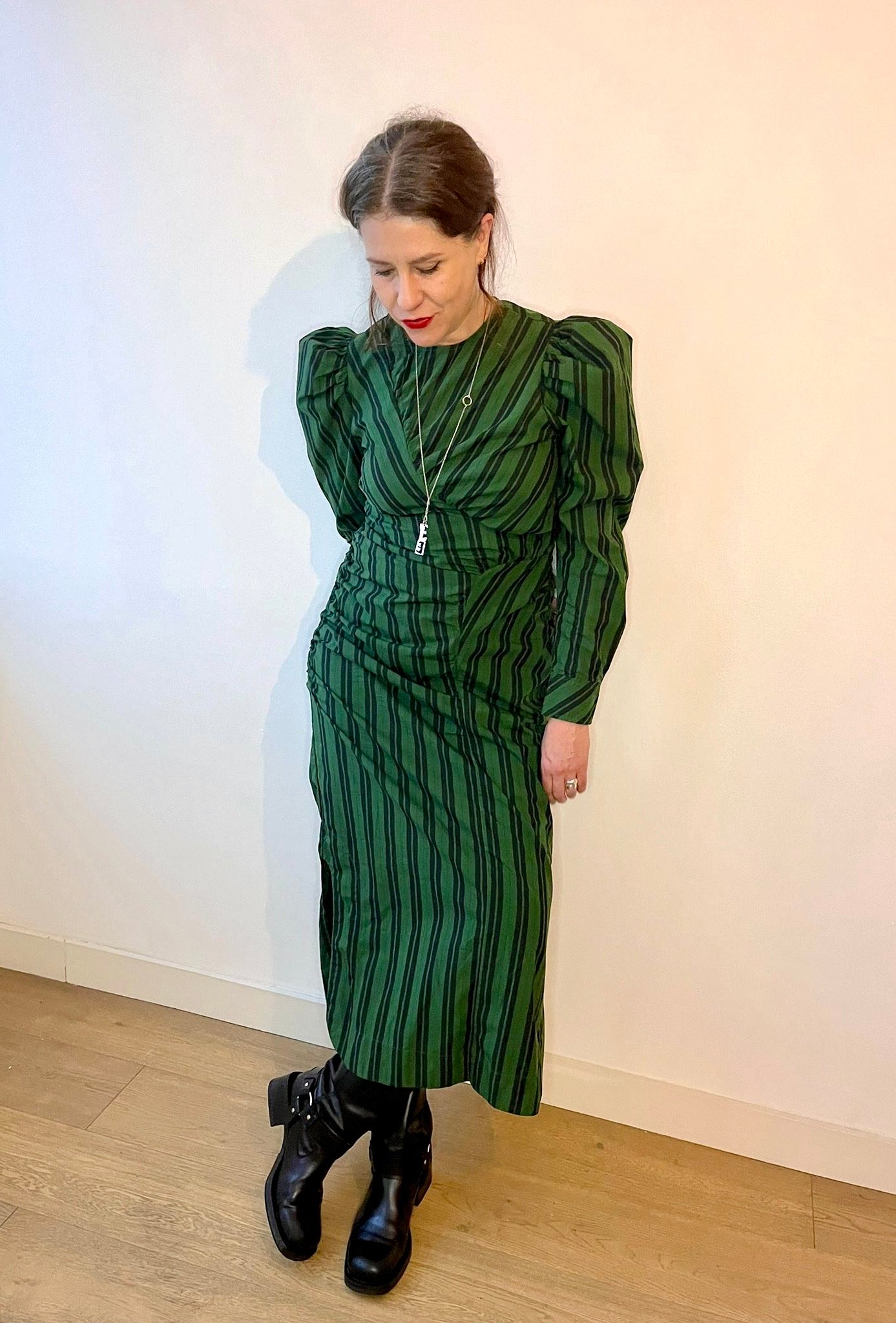Ganni Green Striped Ruche Midi Dress