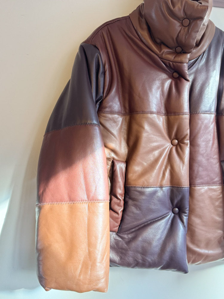 Nanushka Faux Leather Shades of Brown Patchwork Puffer Jacket