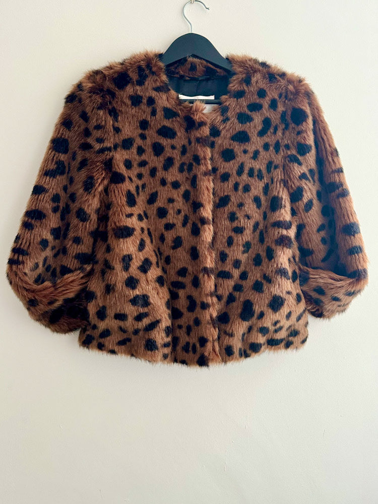 Stand Brown Leopard Collarless Cropped Fur Jacket.