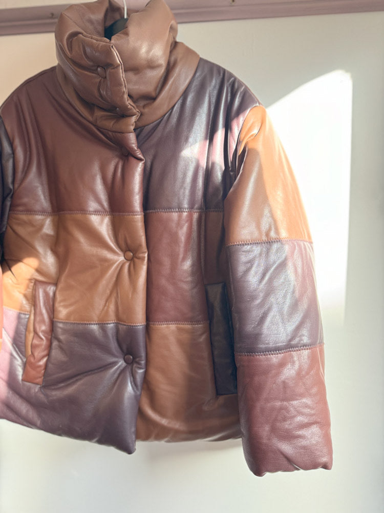 Nanushka Faux Leather Shades of Brown Patchwork Puffer Jacket