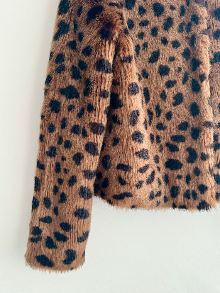 Stand Brown Leopard Collarless Cropped Fur Jacket.