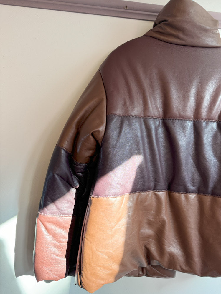 Nanushka Faux Leather Shades of Brown Patchwork Puffer Jacket