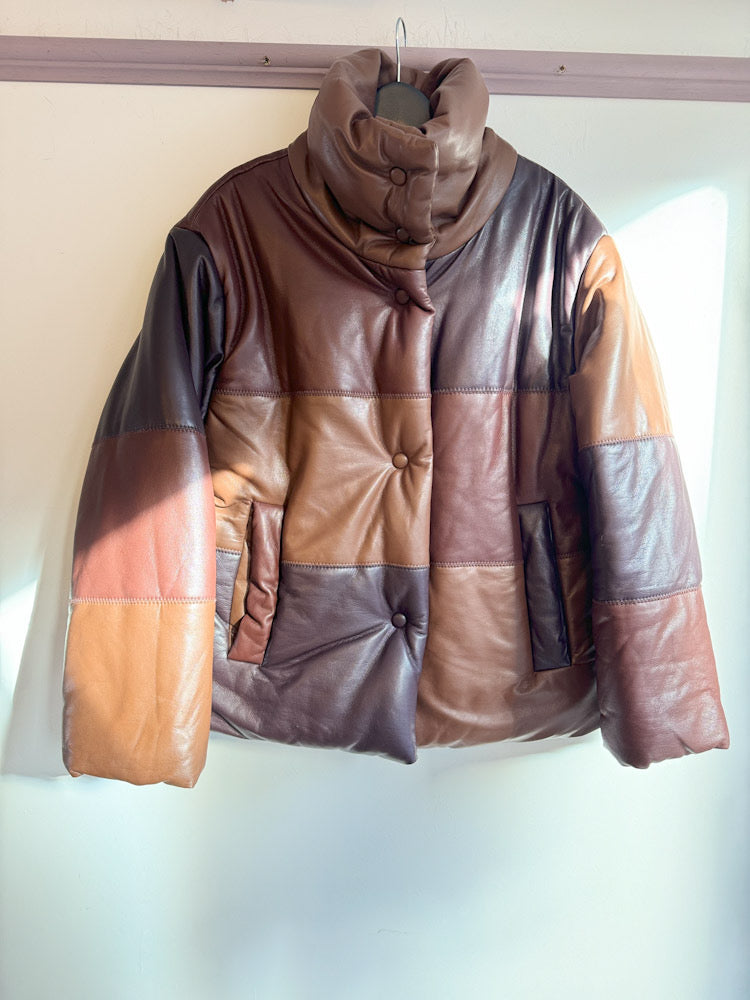 Nanushka Faux Leather Shades of Brown Patchwork Puffer Jacket