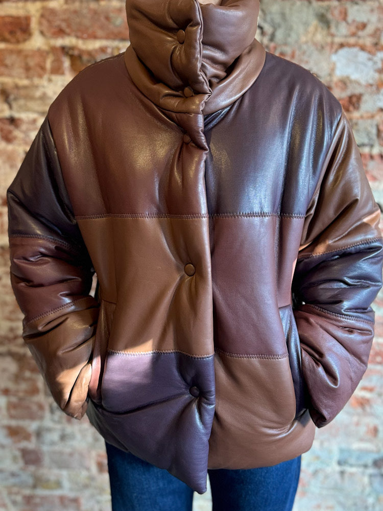 Nanushka Faux Leather Shades of Brown Patchwork Puffer Jacket