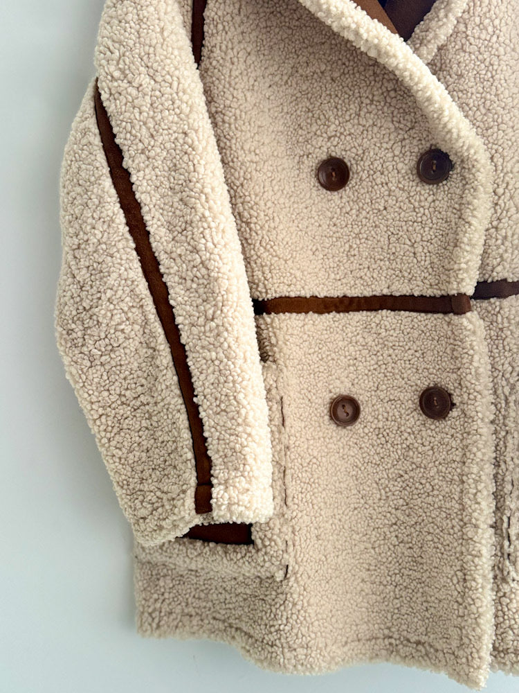 Stand Studio Ecru Faux Sheepskin Tan Suede Trim Coat
