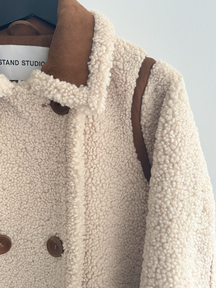 Stand Studio Ecru Faux Sheepskin Tan Suede Trim Coat