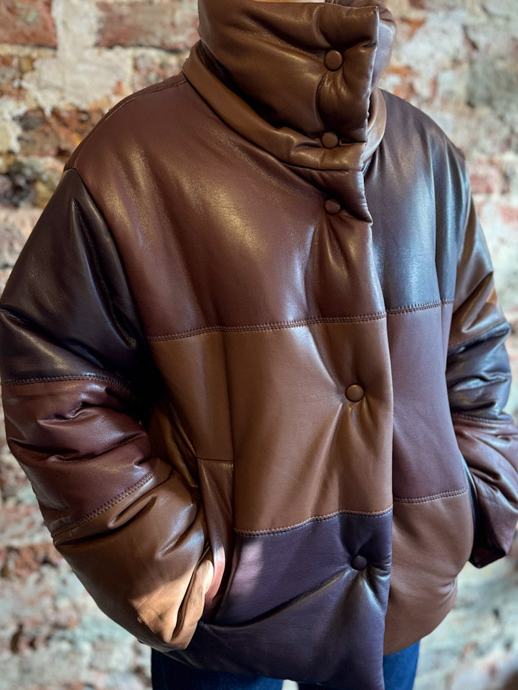 Nanushka Faux Leather Shades of Brown Patchwork Puffer Jacket