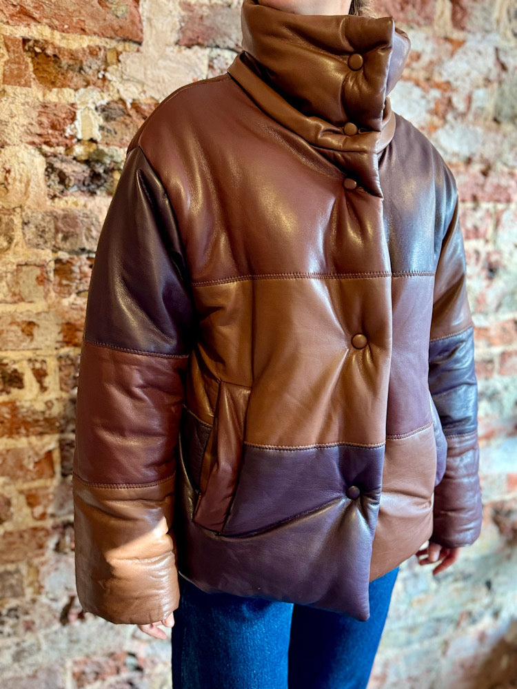 Nanushka Faux Leather Shades of Brown Patchwork Puffer Jacket