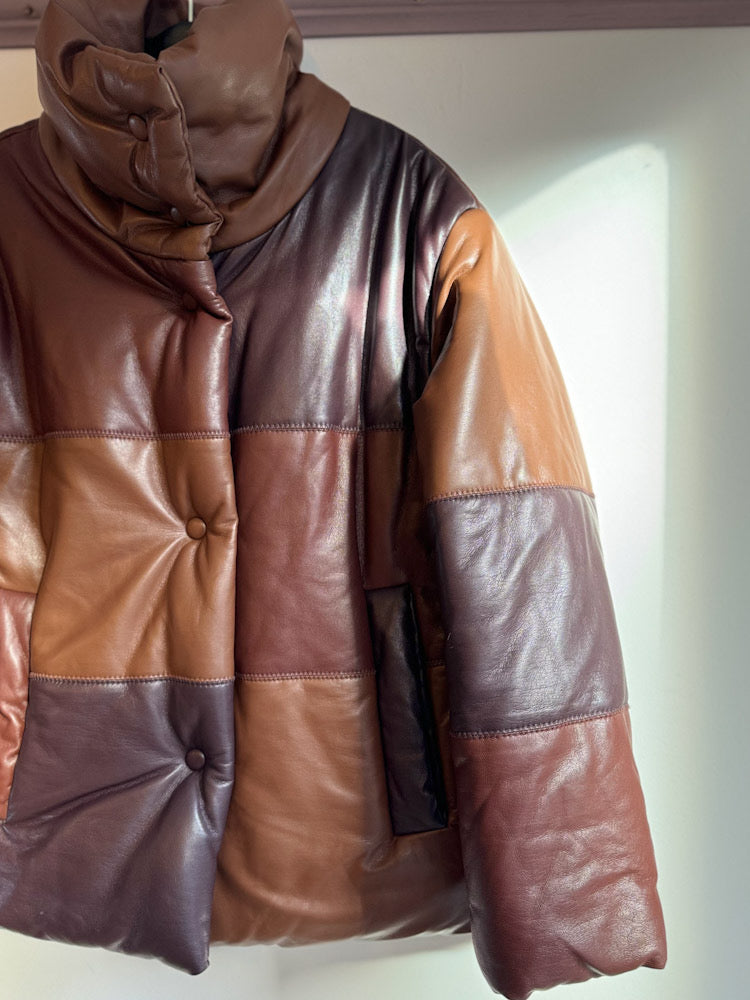 Nanushka Faux Leather Shades of Brown Patchwork Puffer Jacket