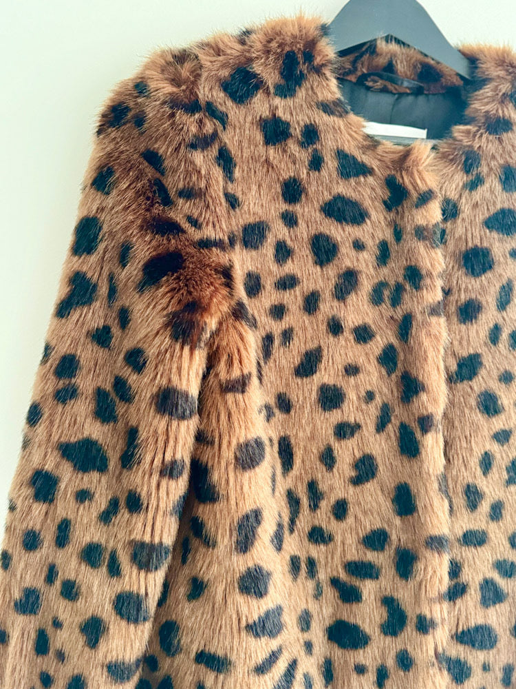 Stand Brown Leopard Collarless Cropped Fur Jacket.