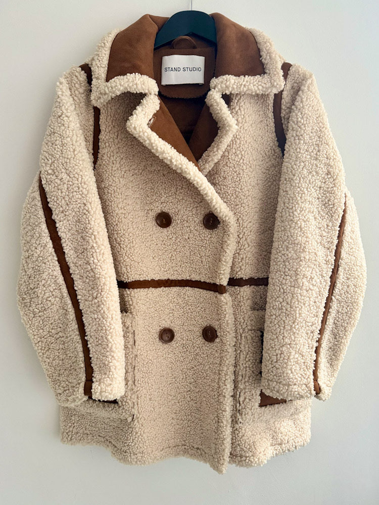 Stand Studio Ecru Faux Sheepskin Tan Suede Trim Coat