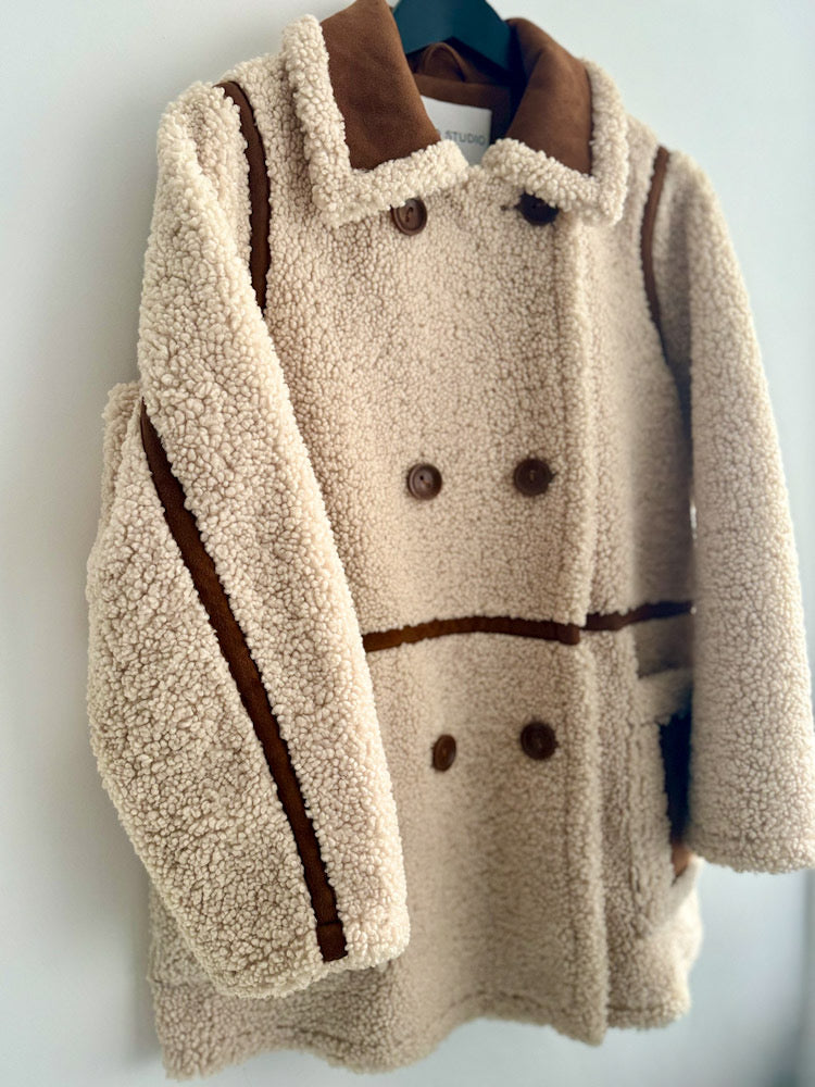 Stand Studio Ecru Faux Sheepskin Tan Suede Trim Coat