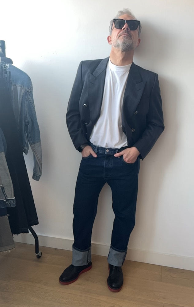 Becca Upcycled YSL Navy Pin Striped Oversized Cropped Jacket