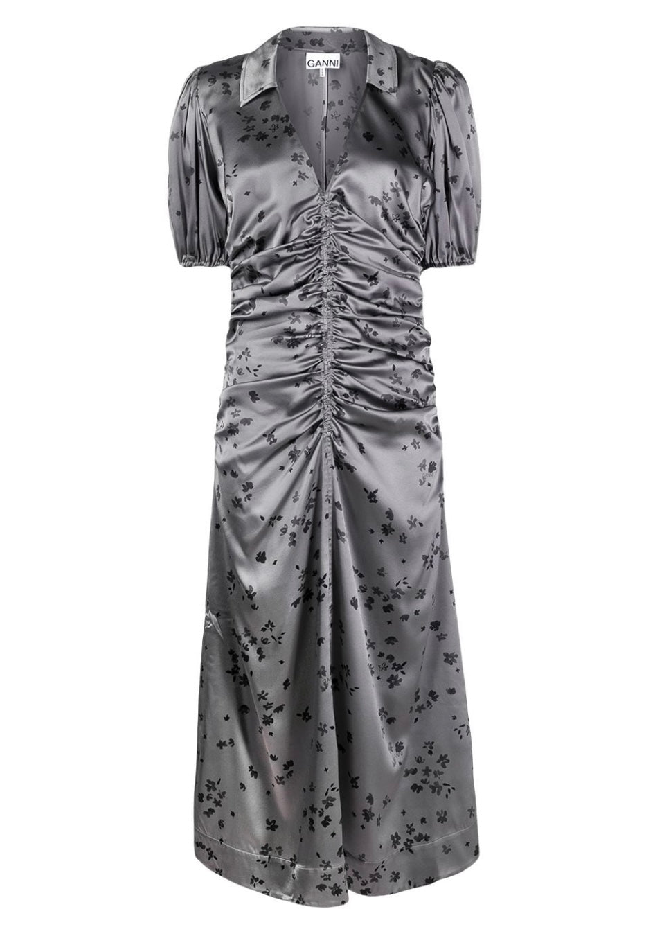 Ganni Grey Satin Silk Floral Midi Dress Ganni Grey Satin Silk Floral Midi Dress