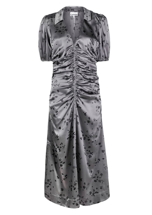 Ganni Grey Satin Silk Floral Midi Dress