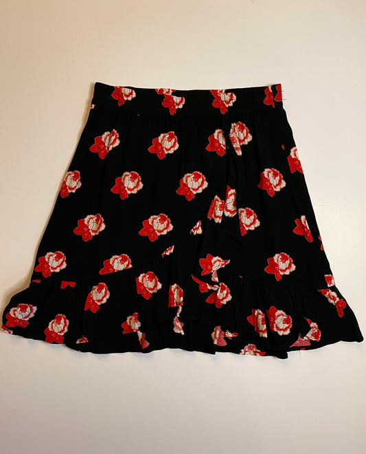Ganni Black Red Floral Print Mini Wrap Skirt