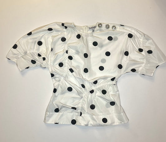 Ganni Black and White Spot Print Top with Crystal Buttons