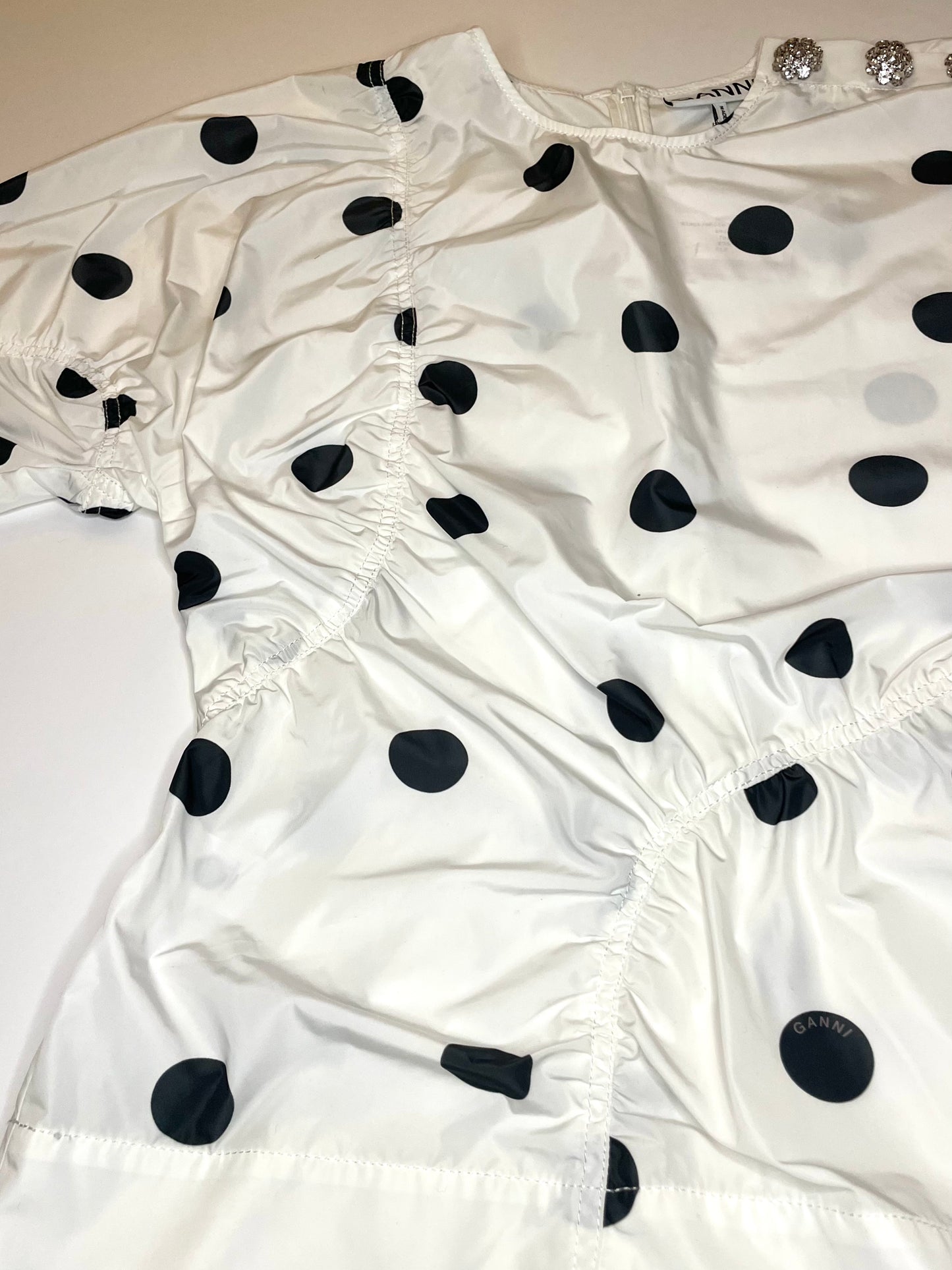 Ganni Black and White Spot Print Top with Crystal Buttons