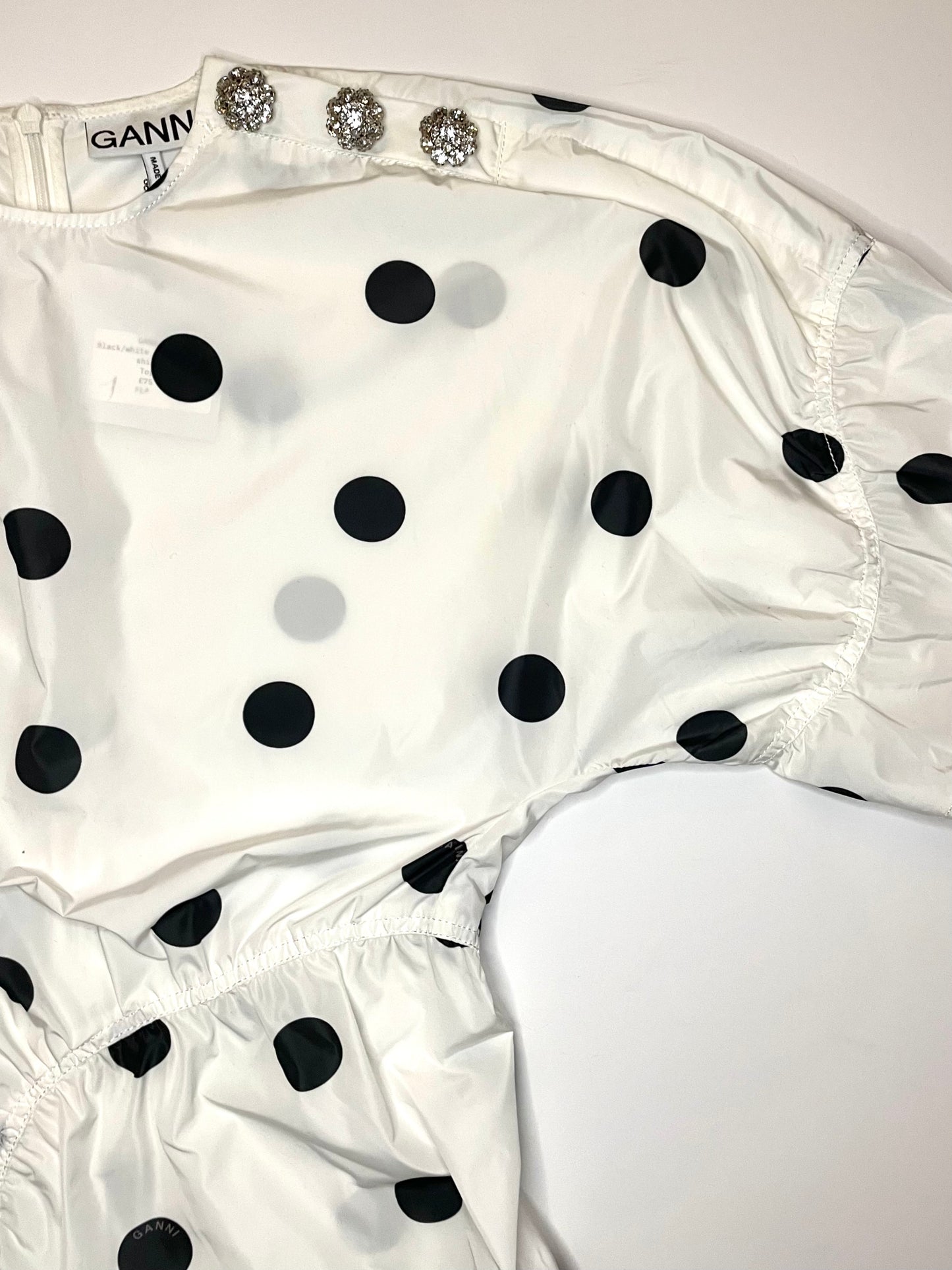 Ganni Black and White Spot Print Top with Crystal Buttons