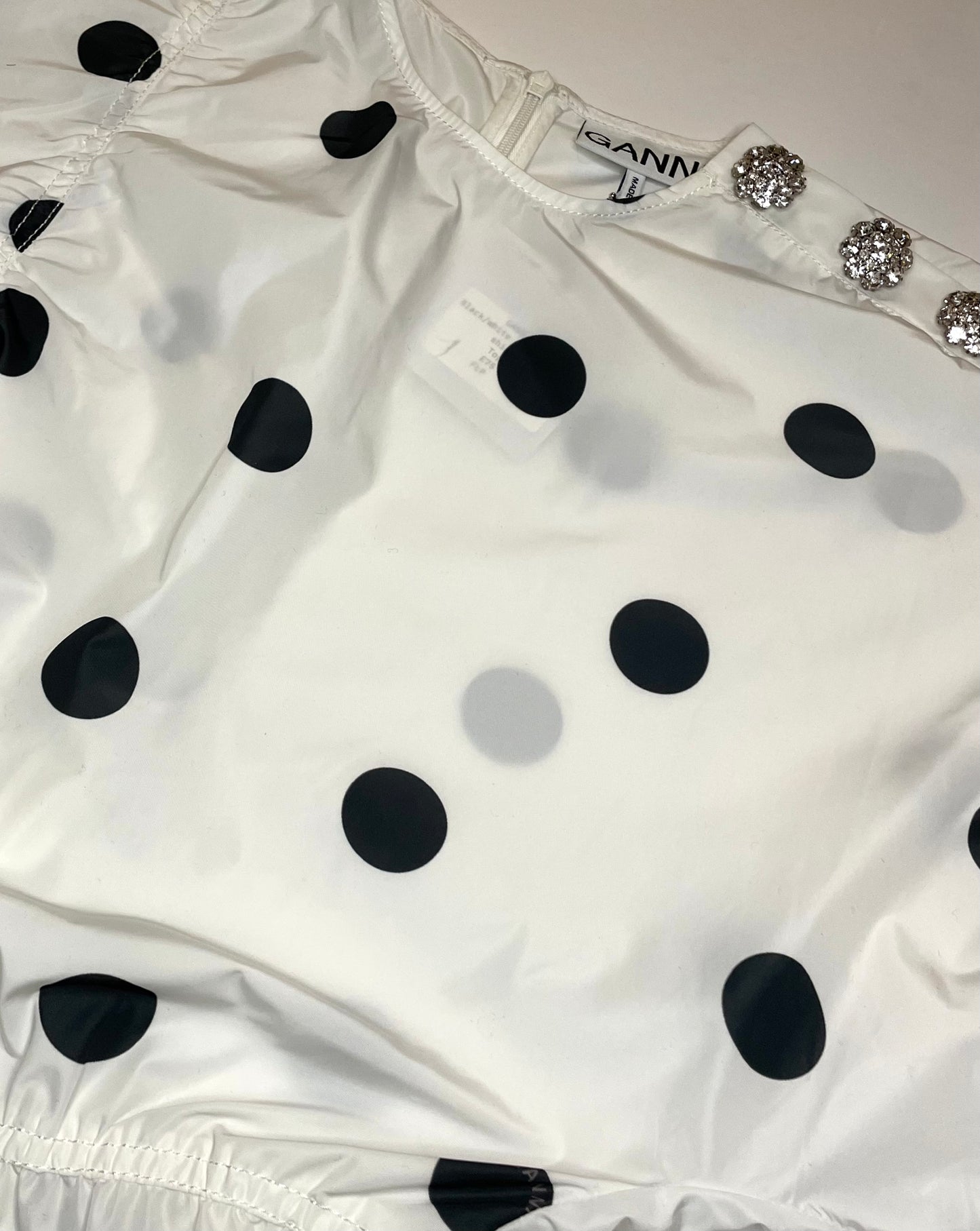 Ganni Black and White Spot Print Top with Crystal Buttons