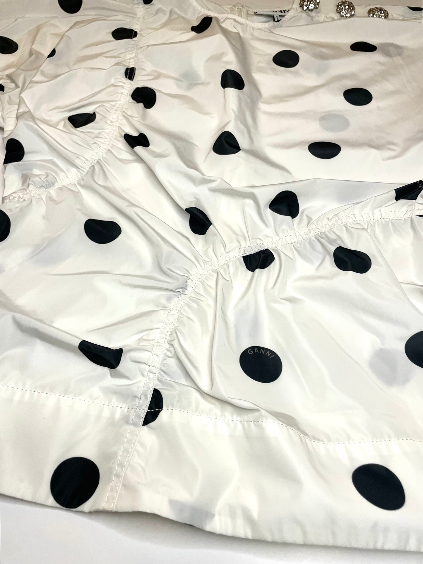 Ganni Black and White Spot Print Top with Crystal Buttons