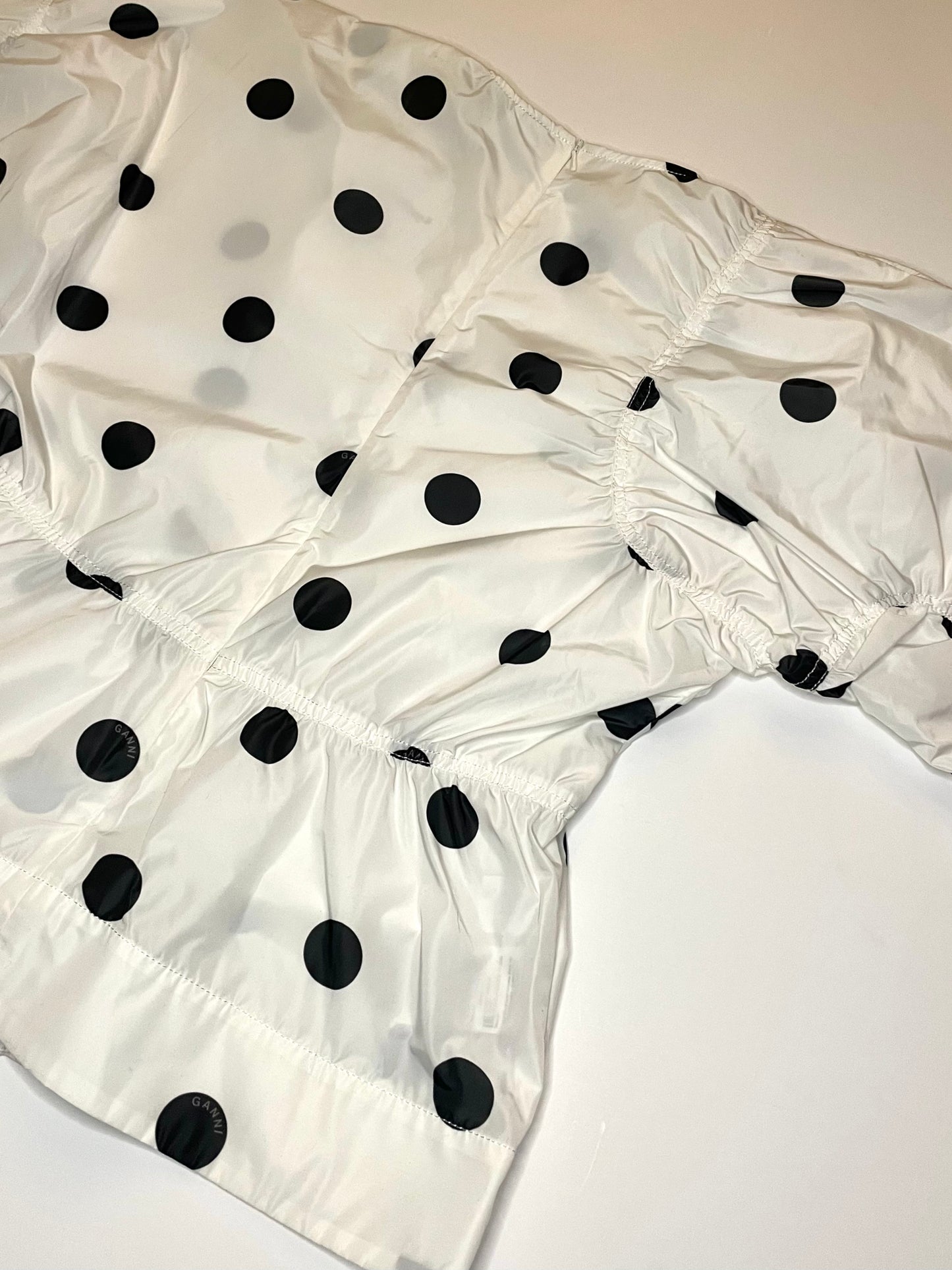 Ganni Black and White Spot Print Top with Crystal Buttons