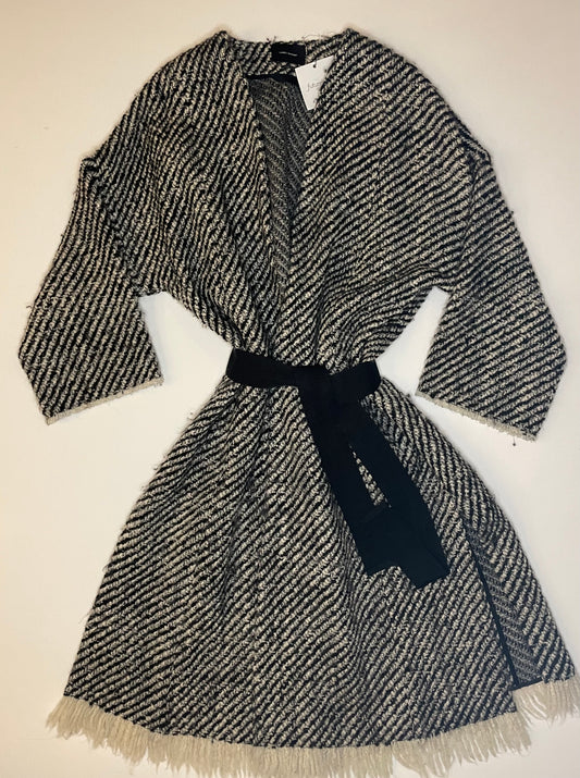 Isabel Marant Black and White Tweed Edge-to-edge Coat with Black Grosgrain Belt