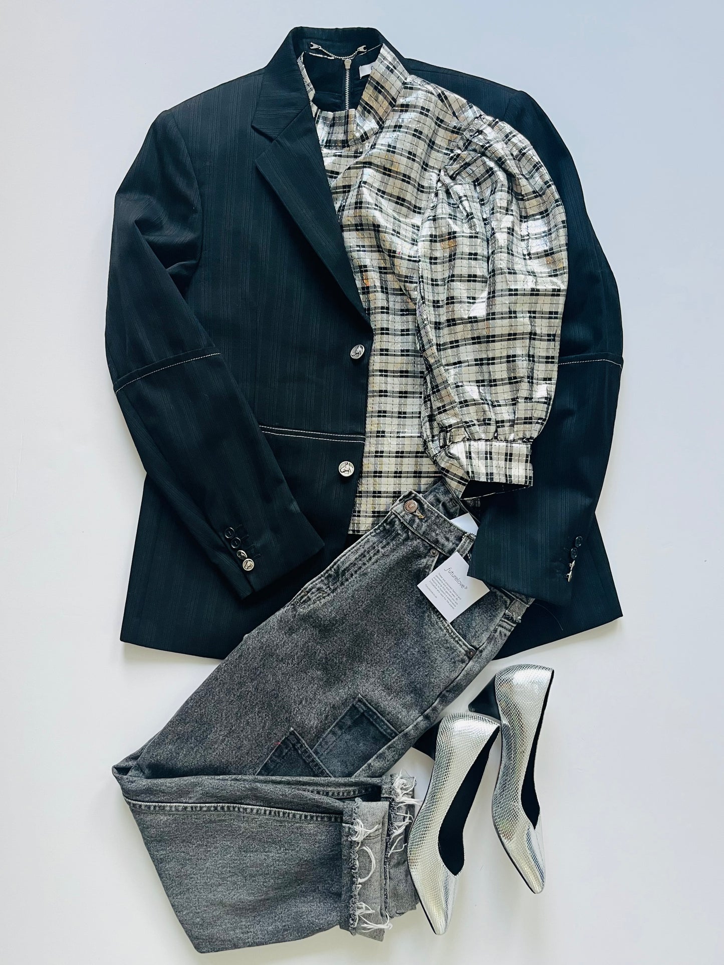 Ganni Silver Lamé Statement Sleeve Top