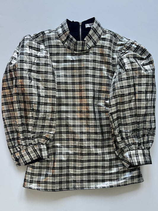 Ganni Silver Lamé Statement Sleeve Top