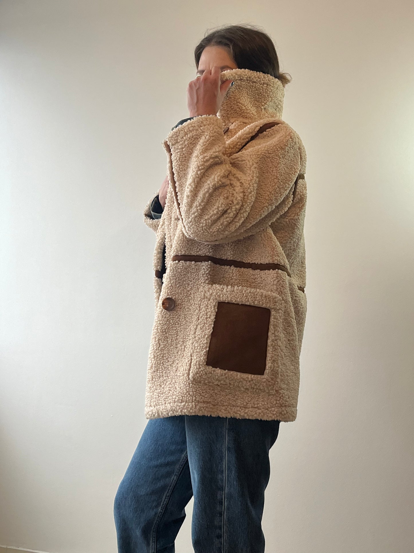 Stand Studio Ecru Faux Sheepskin Tan Suede Trim Coat