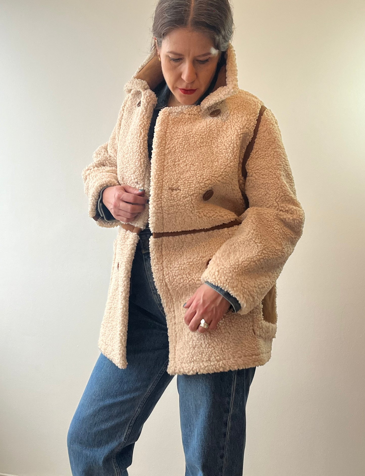 Stand Studio Ecru Faux Sheepskin Tan Suede Trim Coat